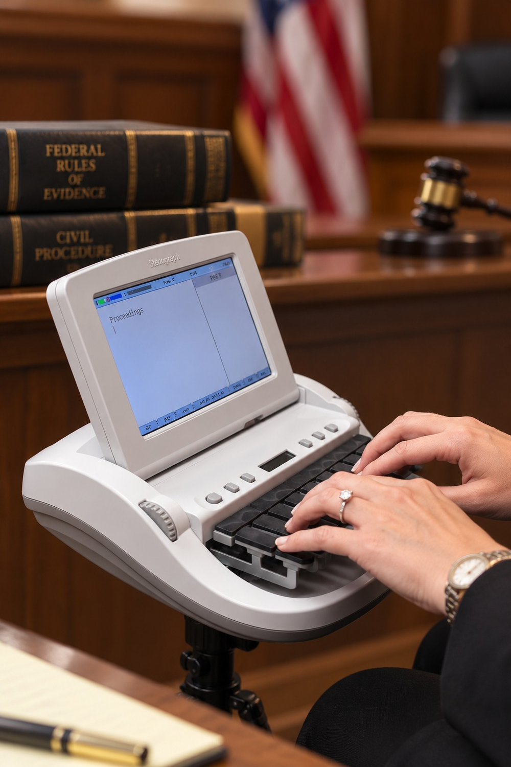 Court reporter typing a transcript on a stenotype machine